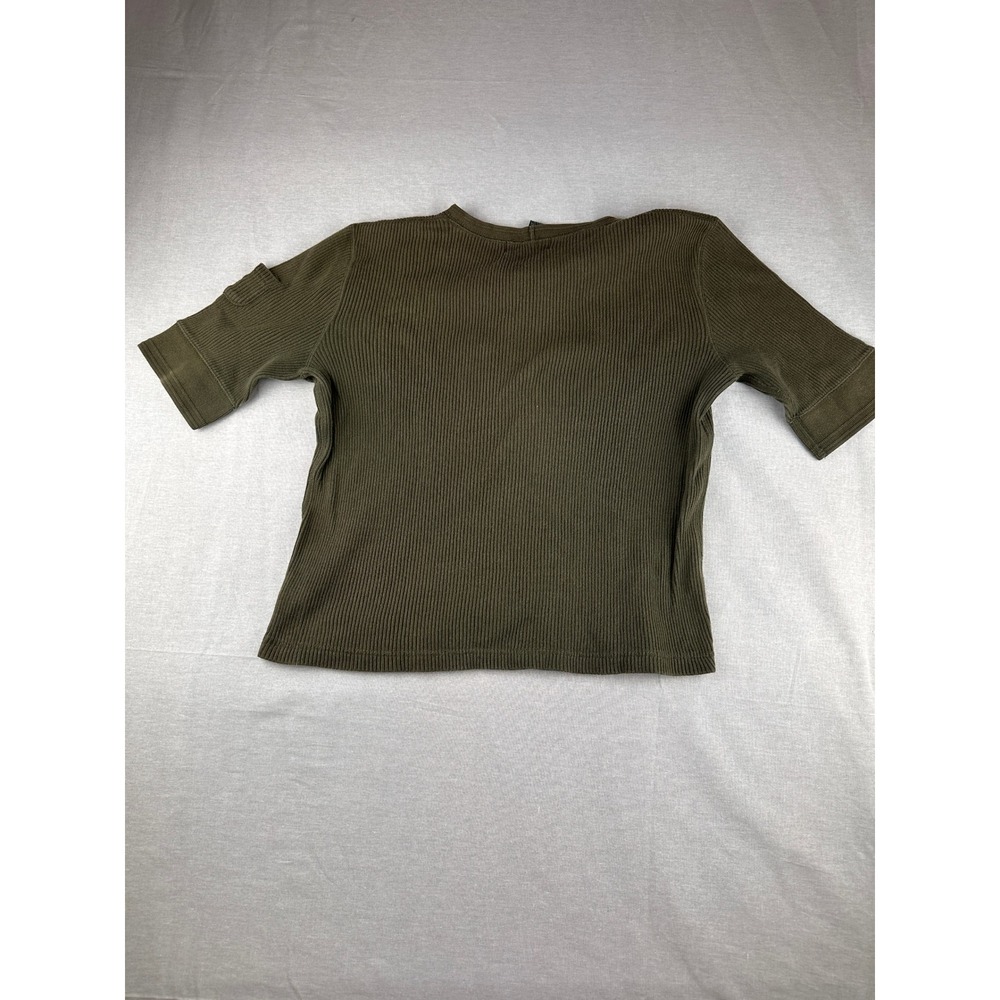 Lauren Ralph Lauren Olive Green Ribbed Knit‎ Elbow Sleeve Top Utility Pocket M - Picture 6 of 6